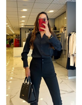 Ekol Siyah Saten Uzun Kollu Düğmeli Gömlek 