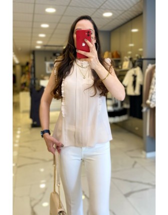 Ekol Bej Fırfır Detaylı Kolsuz Bluz