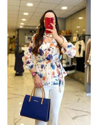 Ekol Ekru Beli Kuşaklı Desenli Bluz Detaylı Şifon Gömlek
