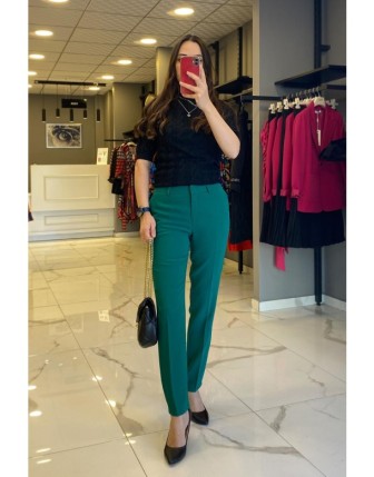 Ekol Yeşil Boru Paça Cep Detaylı Fermuarlı Kumaş Pantolon 