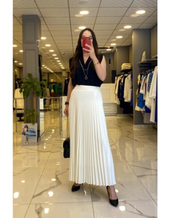 Ekol Ekru Pileli Tam Boy Astarlı Etek 