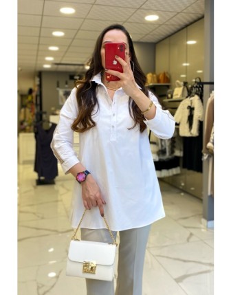 Ekol Ekru Düğmeli Kolları Sim Desenli Gömlek