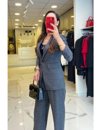 Ekol Antrasit Ekose Desenli Düğme Ve Cep Detaylı Blazer Ceketli Takım