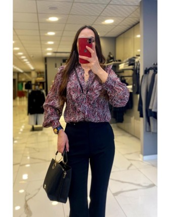 Ekol Bordo Şal Desenli Düğmeli Şifon Bluz