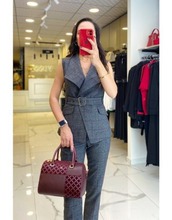 Ekol Antrasit Ekose Desenli Düğme Ve Kemer Detaylı Yelekli Takım