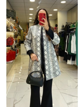 Mascara Siyah Yılan Derisi Desenli Fermuarlı Ceket