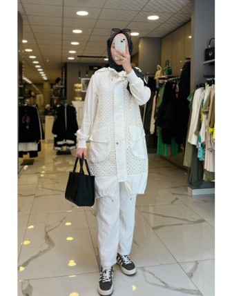 Mascara Ekru Fileli Cep Detaylı Yelekli Pantolonu Astarlı Takım