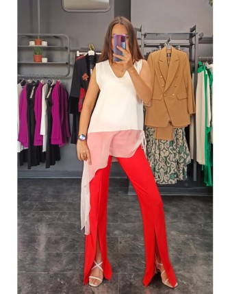 Ekru V Yaka Kosuz Tül Detaylı Bluz Miarte