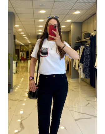 On Fashion Beyaz Cebi Çizgili Sıfır Yaka Bluz