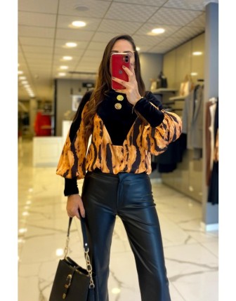 Miarte Siyah Gold Düğme Detaylı Kadife Bluz