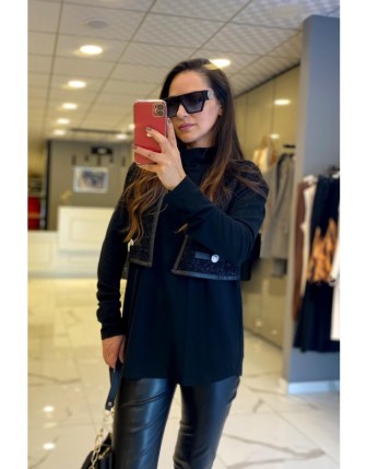 Miarte Siyah Balıkçı Yaka Tüvid Yelek Detaylı Bluz