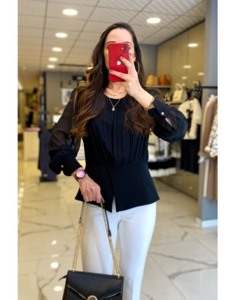 Ekol Siyah Önü Piliseli Şifon Detaylı Bluz