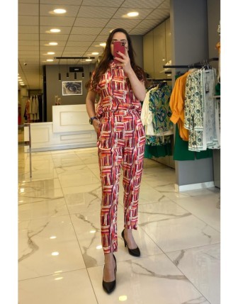 On Fashıon Fuşya Desenli Beli Lastikli Cepli  Dar Paça Pantolon 