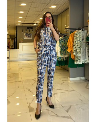 On Fashıon İndigo  Desenli Beli Lastikli Cepli  Dar Paça Pantolon 