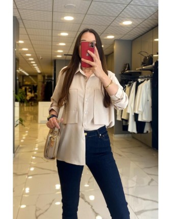 On Fashıon Kum  Cep Detaylı Düğmeli Uzun Kollu Gömlek