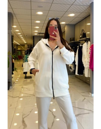 On Fashıon Beyaz Çift Tarafı Fermuarlı Sırt Kısmı Yazılı Eşofman Üstü