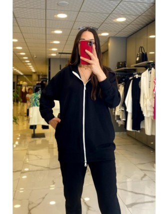 On Fashıon Siyah Çift Tarafı Fermuarlı Sırt Kısmı Yazılı Eşofman Üstü