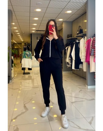 On Fashıon Siyah Beli Lastikli Paçası Fermuarlı Yazı Detaylı Eşofman Altı 