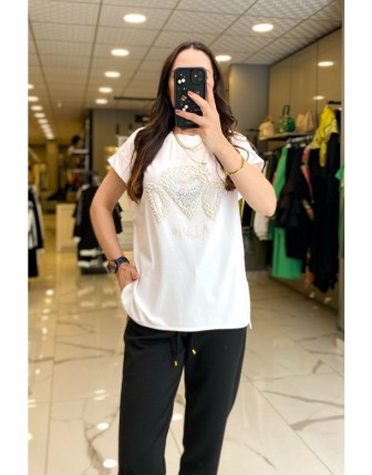 On Fashıon Ekru İnci Detaylı Kısa Kollu tişört