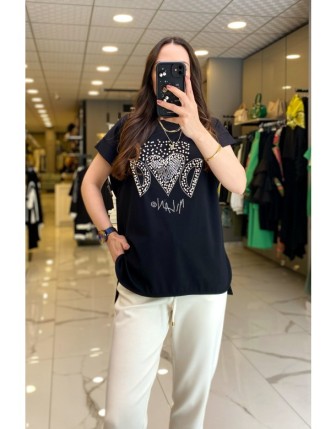 On Fashıon Siyah İnci Detaylı Kısa Kollu tişört