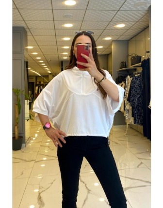 On Fashion Beyaz Yakası Fermuarlı Yarasa Yarım Kollu Bluz