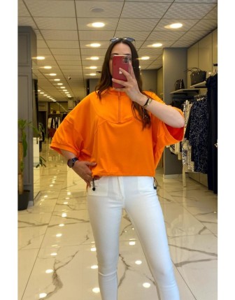 On Fashion Oranj Yakası Fermuarlı Yarasa Yarım Kollu Bluz