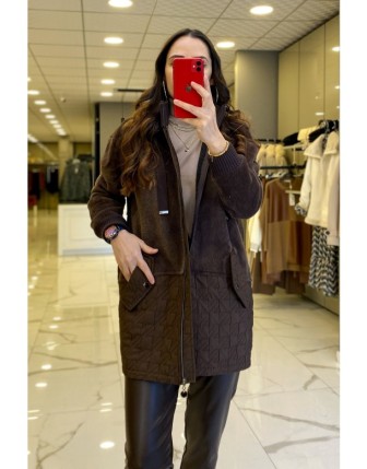 Tığ Triko Kahverengi Tay Detaylı Kapütone Mont