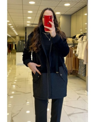 Tığ Triko Siyah Tay Detaylı Kapütone Mont