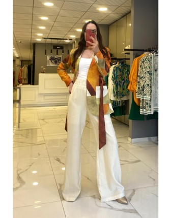 Miarte Bej Beli Lastikli Yaım Astarlı  Bol Paça Pantolon 