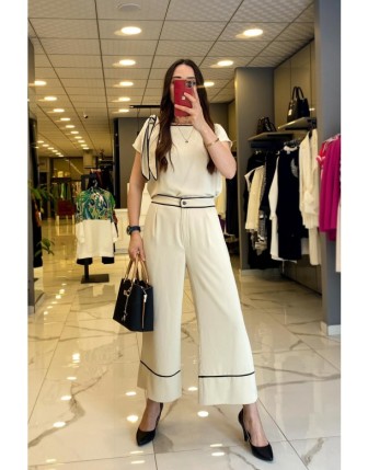 Miarte Bej Paçası Çizgi Detaylı Bol Paça Pantolon 