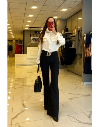 Miarte Siyah Gold Kemer Detaylı İspanyol Paça Pantolon 