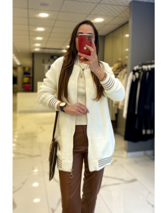 Tığ Triko Ekru Çizgili Ve Fermuar Detaylı Hırka