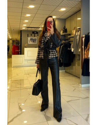 Miarte Siyah Bol Paça Deri Pantolon 