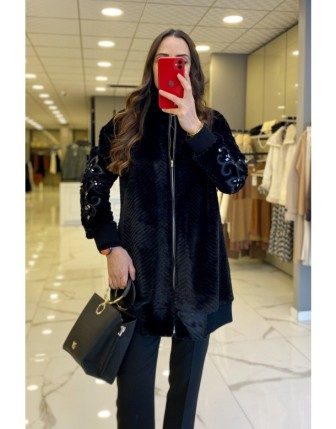 Tığ Triko Siyah Fermuarlı Kolları Deri Ve Nakış Detaylı Kürk Ceket