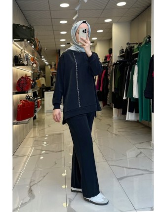 Tığ Triko Siyah Taş İşlemeli Beli Lastikli Takım