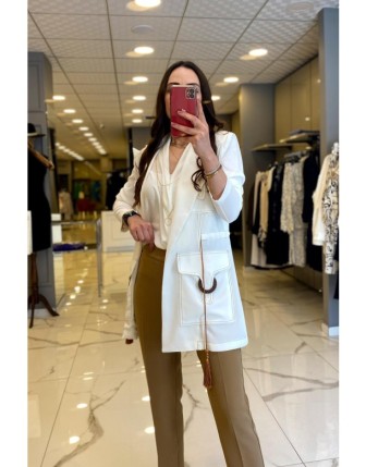 Miarte Ekru Cep Detaylı Kuşagı Püsküllü Astarsız Ceket 