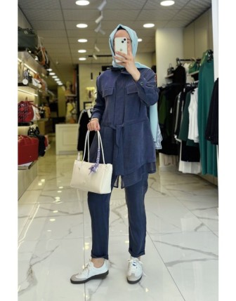 Tığ Triko İndigo Beli Büzgülü File Detaylı Cepli Cupra Takım