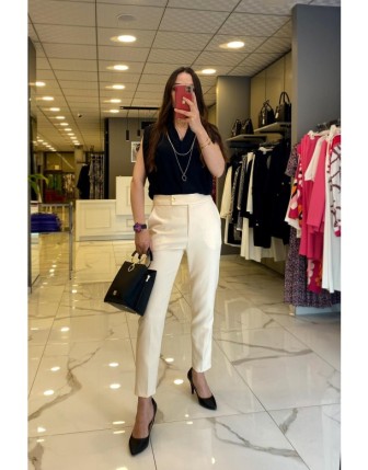 Miarte Bej Beli Lastikli Gold Düğmeli Pantolon 