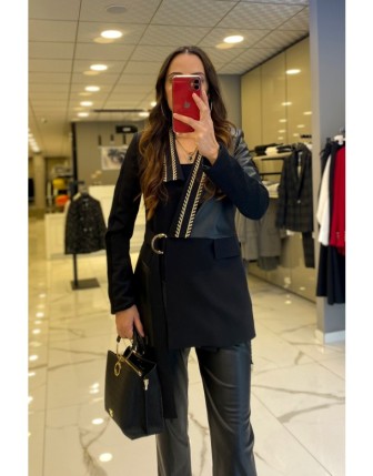 Miarte Siyah Gold Sim İşlemeli Deri Detaylı Kuşaklı Ceket