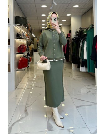 Tığ Triko Haki Etek Ucu Kolları Ribanalı Beli Lastikli Etekli Takım