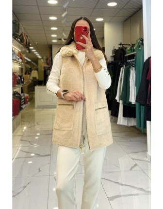Tığ Triko Camel Yakası Kürklü Cep Detaylı Angora Yelek