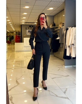 Ekol Siyah Düğmeli Lastik Deyalı Dar Paça Pantolon 