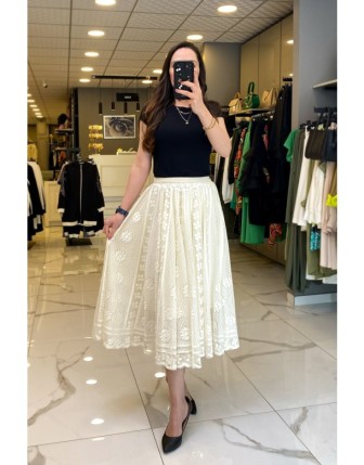Ekol Ekru Beli Lastikli Küpürlü Astarlı Etek