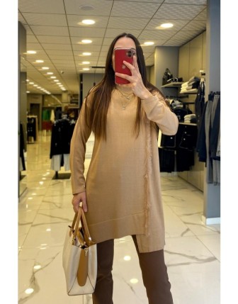 Tığ Triko Camel Kürk Detaylı Triko Tunik 