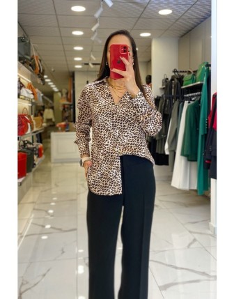 Ekol Leopar Desenli Saten Gömlek