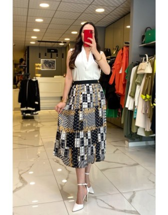 Ekol Siyah Beli Lastikli, Astarlı  Gold Desenli Pileli Etek