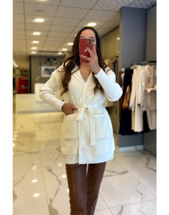 Tığ Triko Ekru Kolları Saç Örgülü Kürk Garnili Triko Hırka