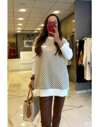 Tığ Triko Bej Petek Desenli Triko Tunik