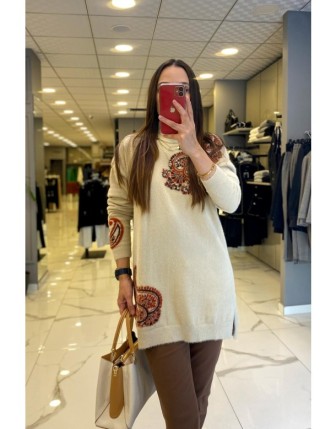 Tığ Triko Bej Omuz Ve Etek Ucu Şal Desenli Tunik 