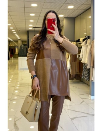 Tığ Triko Kahverengi Deri Detaylı Tunik